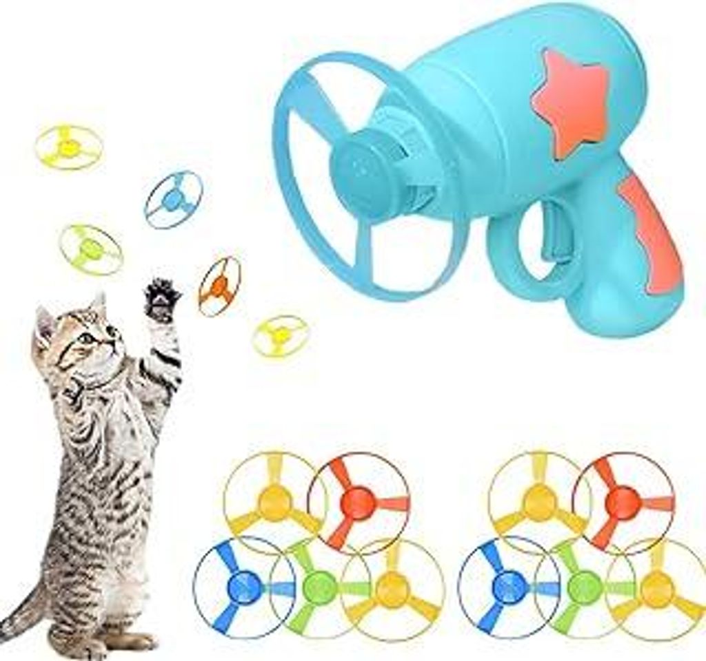 Gamrong Katze-Spielzeug Cat Fetch Toy Haustier Spielzeug für Katze, Cat Toy Sets 1 Blau Launchers und 10 Bunte Fliegende Chasing Untertasse Propel...