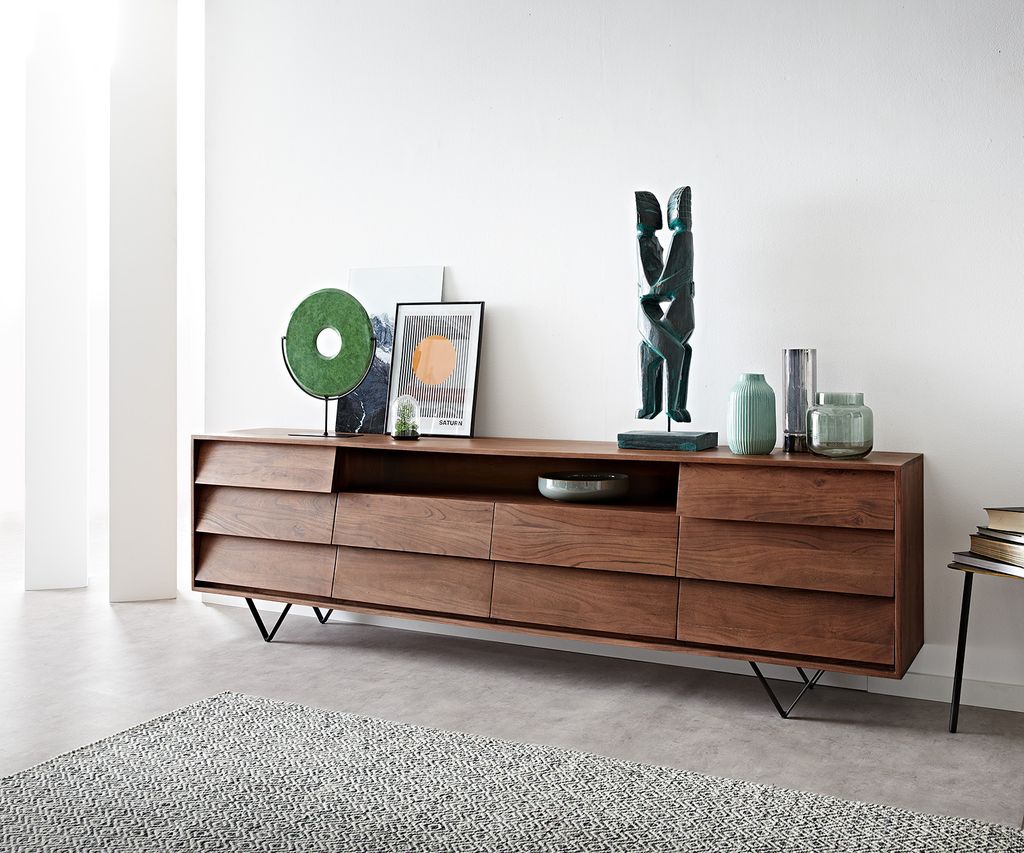 DELIFE Sideboard Eloi 240x40 cm Akazie Braun 2 Türen 6 Schubladen V-Fuß Schwarz