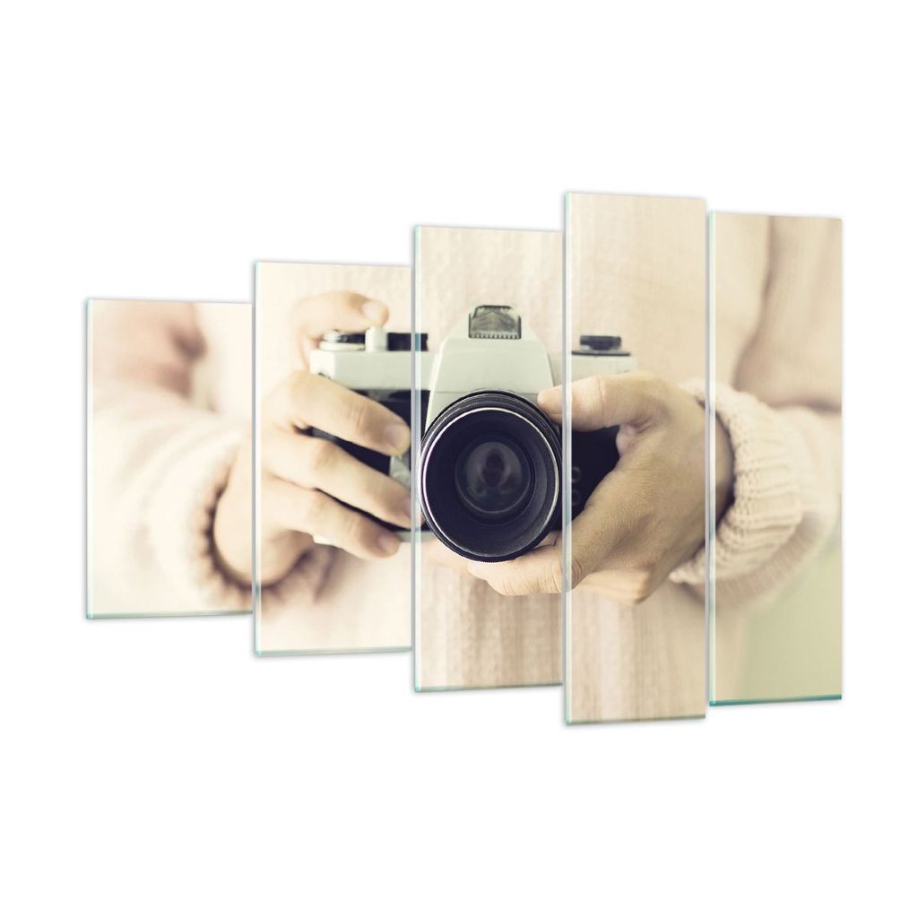 Bilder auf glas - 5 Teile - Die Kamera Retro Fotografie - 150x100cm - Glasbilder - Wandbilder - Bilder - Wanddekoration aus Glas - Glas Bilder - Wa...