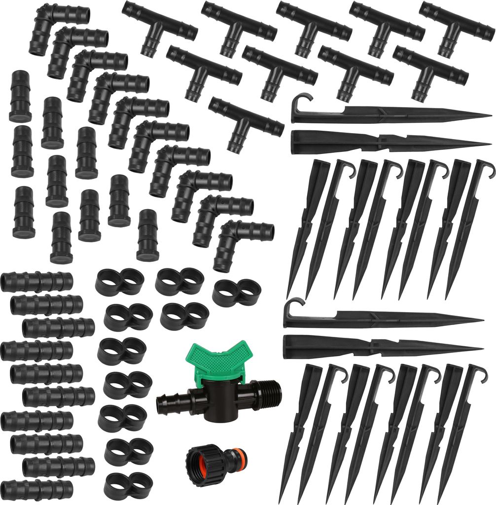 Zubehör-Set für Tropfleitung Durchmesser 16mm - 72 Teile Gartenbewässerung mit Hahnanshluss Anker T-Stücke 72 szt