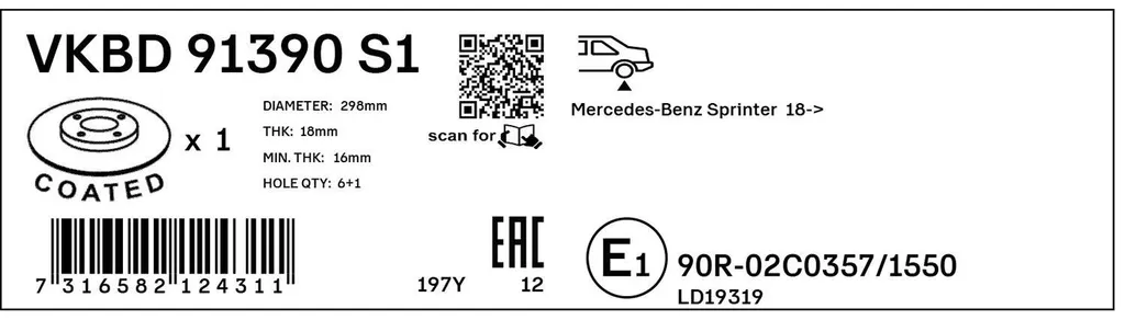 Disque de frein avant ventilé SKF pour fourgon Mercedes Sprinter 298 mm