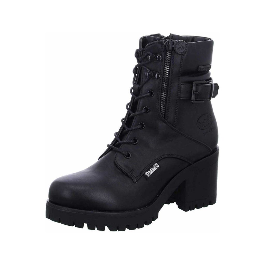 A black leather boot on a white background.