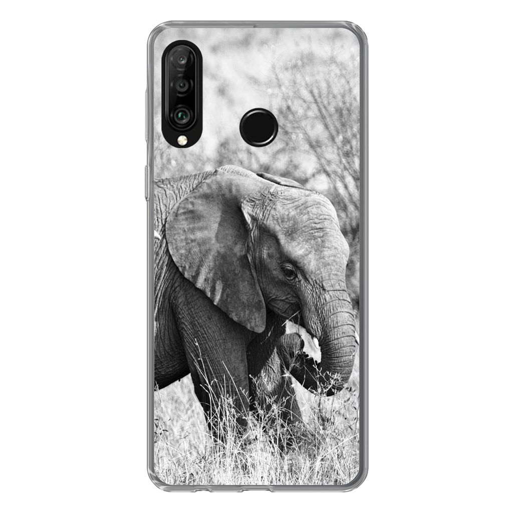 MuchoWow Handyhülle Schutzhülle Hülle für Huawei P30 Lite Elefant - Tiere - Gras - Schwarz und weiß Silikon Softcase Handy Hülle - Handyhülle