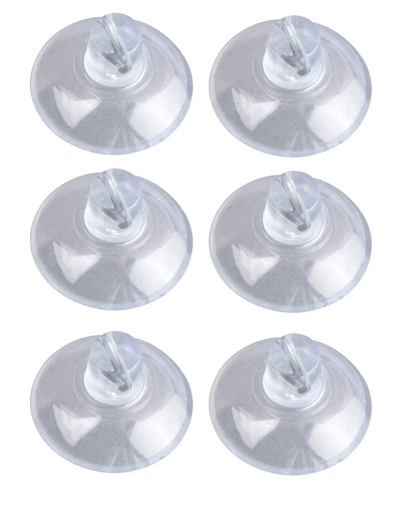 Six clear suction cups with hooks are arranged in two columns and three rows on a white background.