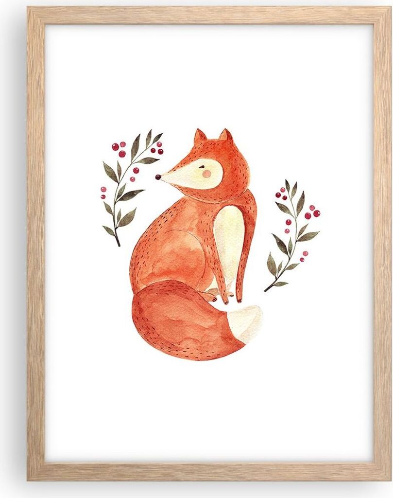 Gerahmtes Poster - Rahmen in heller Eiche - Nov Illustration Fuchs - 30x40 cm - Wand Bild - Wanddeko - Wandbilder - Kunstposter - Wandposter - Bild...