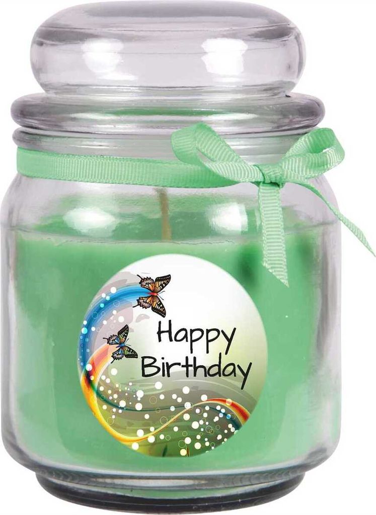 Duftkerze im Bonbonglas "Happy Birthday", Duft: Kokos ( Grün ), 300g - Brenndauer bis zu 70 Stunden