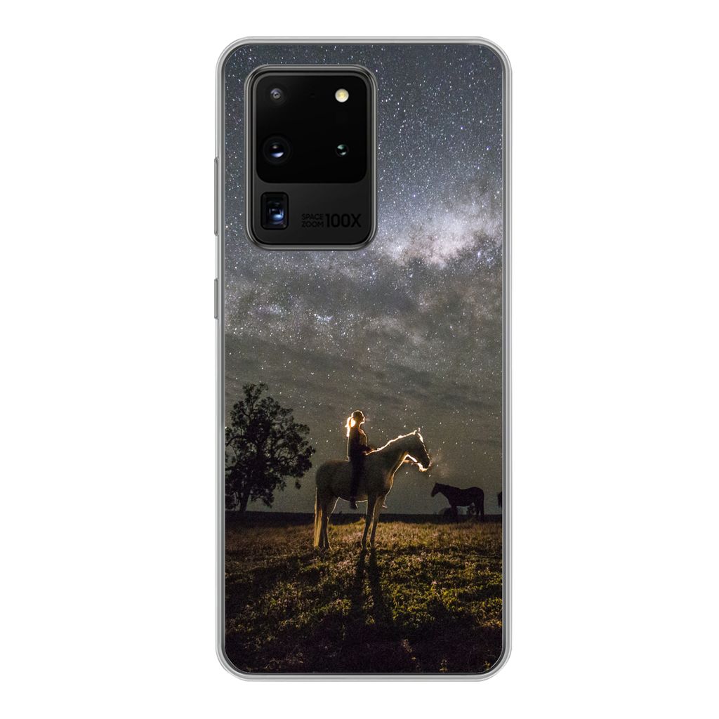 MuchoWow Handyhülle Schutzhülle Hülle für Samsung Galaxy S20 Ultra Pferd - Frau - Sternenhimmel Silikon Softcase Handy Hülle - Karteninhaber