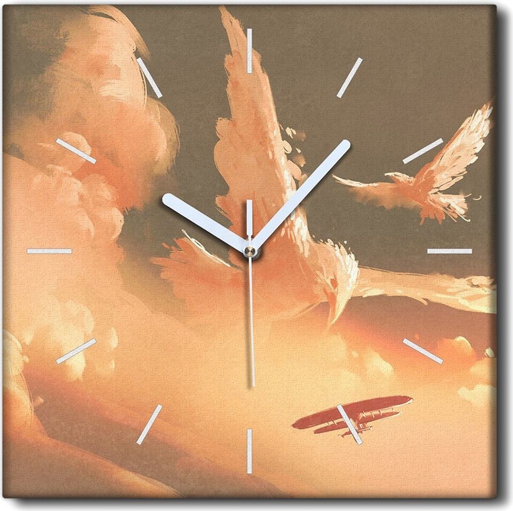 Coloray Uhr auf Leinwand 30x30 cm Wand Uhr Dekoration Wohnzimmer Segeltuch weiße Zeiger -Tiere Vögel Himmel