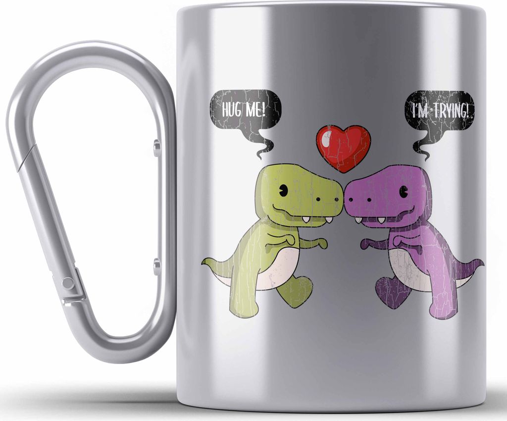 Trendation - Valentinstag Edelstahl Tasse Karabiner Geschenk für Ihn Sie Lustig Dinosaurier Geschenkidee Becher Freund Freundin Liebe Paare (Silber)