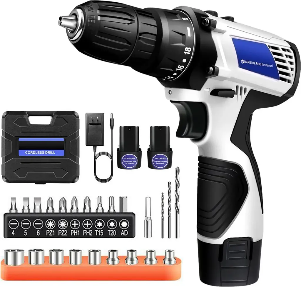 Kit perceuse visseuse 1400 tr/min avec deux batteries lithium 45 Nm