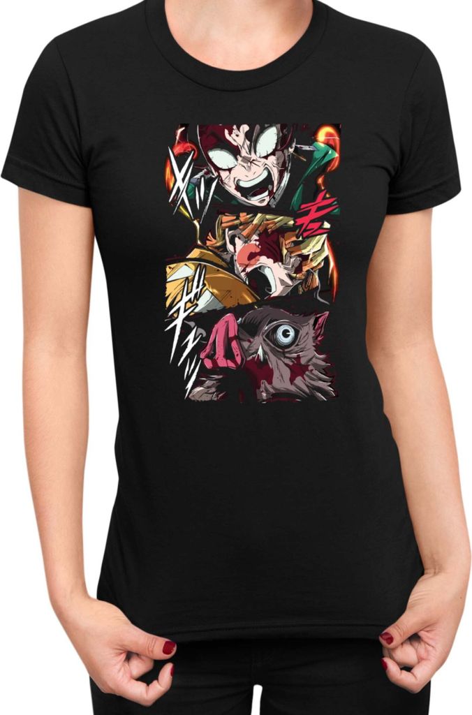 Damen T-Shirt Demon Anime Slayer Kimetsu No Yaiba Tanjiro Zenitsu Inosuke 003, Lady M / Schwarz