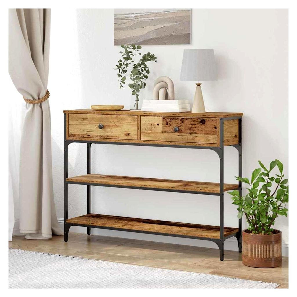 Konsolentisch mit Schublade aus Altholz, 100 x 25 x 75 cm, Beistelltisch für Wohnzimmer, Eingang, Flur