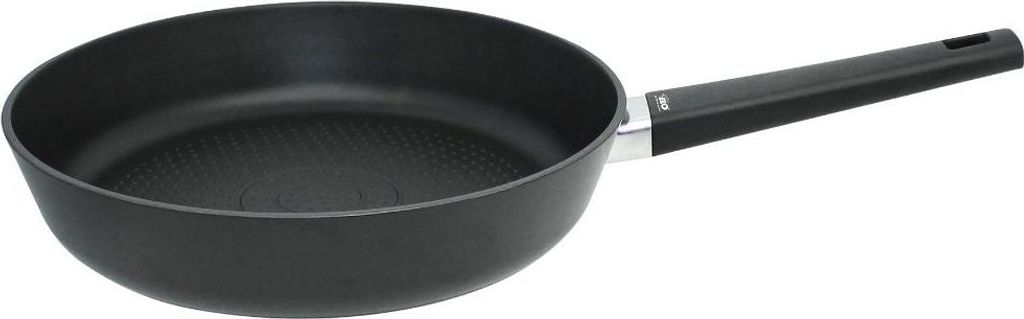A black frying pan shown from a slightly elevated side angle against a white background.