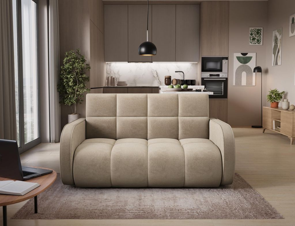 Krudox DEVER 2-Sitzer Sofa 154x83x103 cm - Creme Schlafsofa mit Bettkasten - Sofa mit Schlaffunktion 131x203 cm - Stoff Aura 18