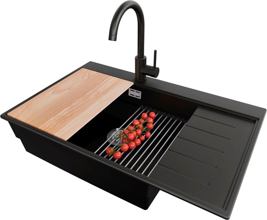 PRIMAGRAN Granitspüle Schwarz 78x50cm, Spülbecken 1 Becken + Küchenarmatur 32x20cm + Ablauf-Set + Küchenzubehörset, Küchenspüle ab 60er Unte...