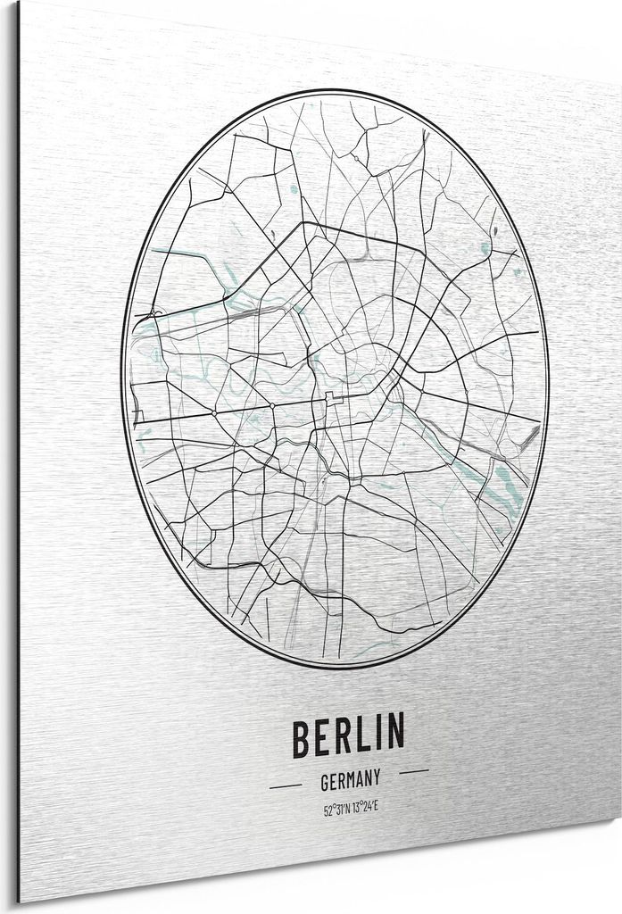 DEQORI Alu-Dibond Bild Silber 50x50 cm 'Stadtplan Berlin' Wandbild Metall dünn Design