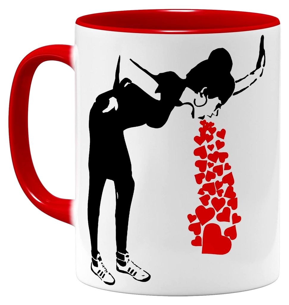 Banksy Kaffeetasse mit Motiv Love Sick Girl - Keramikbecher - 325ml - Beidseitig bedruckt - Rot