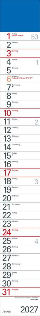 Kalender 2027 11,4 x 89 cm schmaler Wandkalender Streifenplaner Abreißkalender Datumsschieber
