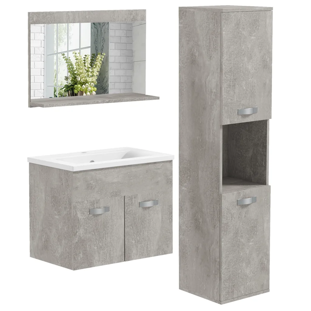 Aménagement salle de bain 3 pièces : meuble sous vasque et colonne gris chic