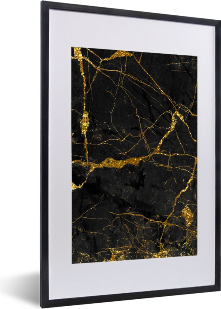 MuchoWow Gerahmtes Poster Marmor - Gold - Schwarz - Marmoroptik - Luxe - Glitzer 40x60 cm - Poster mit Schwarzem Bilderrahmen Wandposter Rahmen F...