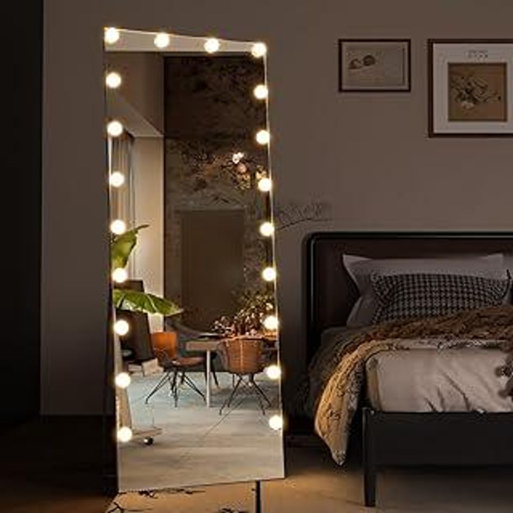 CASSILANDO Voll Länge Spiegel mit Lichtern, 160x50 Boden Körper Hollywood StehendSpiegel, Wand montierte Spiegel mit Licht für Schlafzimmer, Dim...