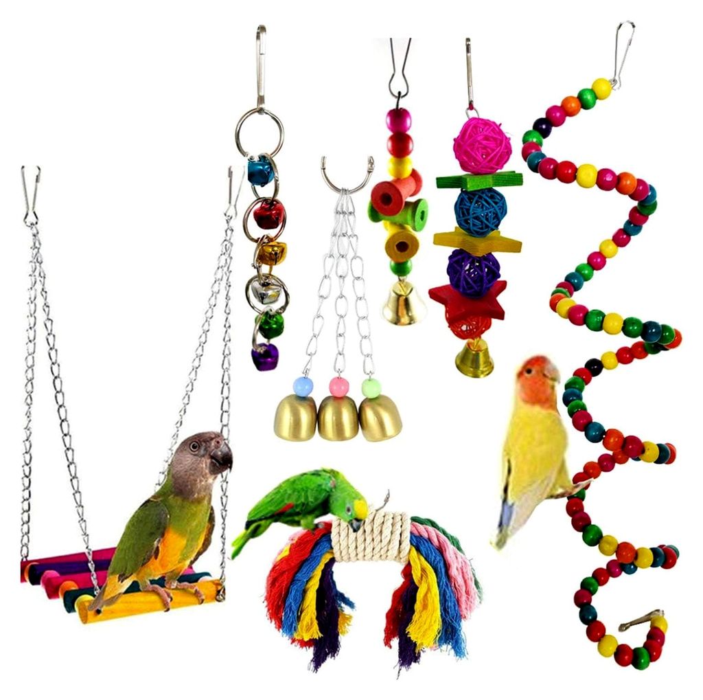 Vogelspielzeug 7 Stück für Papageien, Kauspielzeug und Schaukelspielzeug mit Holzleiter und Seilbarsch für Sittiche sowie kleine und mittelgroß...