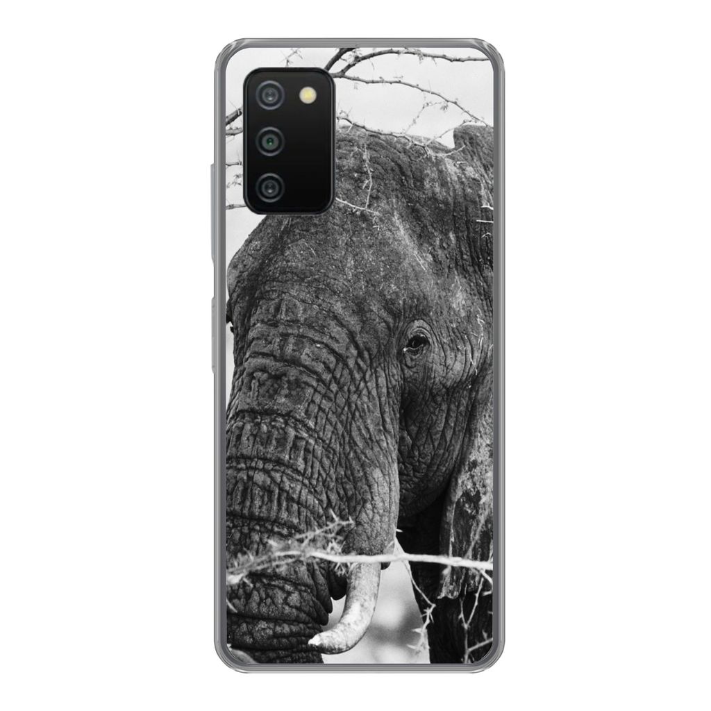 MuchoWow Handyhülle Schutzhülle Hülle für Samsung Galaxy A03s Elefant - Tiere - Äste - Natur - Schwarz und weiß Silikon Softcase Handy Hül...