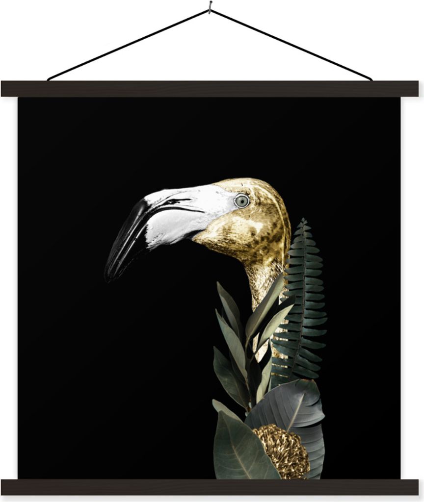 MuchoWow Textilposter Flamingo - Gold - Blätter - Schwarz 40x40 cm mit schwarzem Rahmen - Fotos