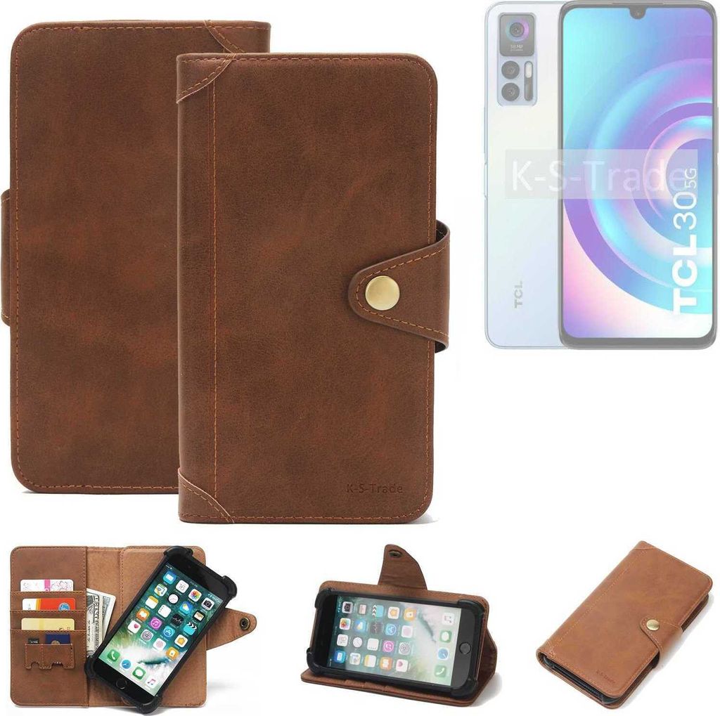 K-S-Trade Handyhülle kompatibel mit TCL 30 5G Schutz Hülle Walletcase Bookstyle Tasche Case Handytasche Wallet Flipcase Cover PolyurethanBraun (1x)
