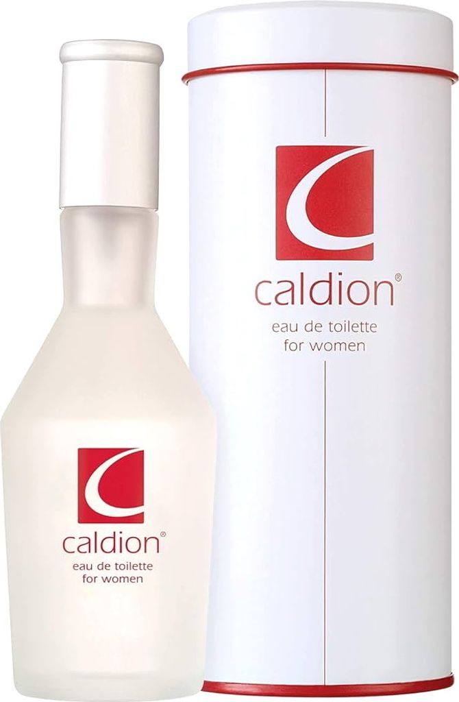 A bottle of Caldion eau de toilette for women and its cylindrical packaging are displayed side-by-side against a white background.