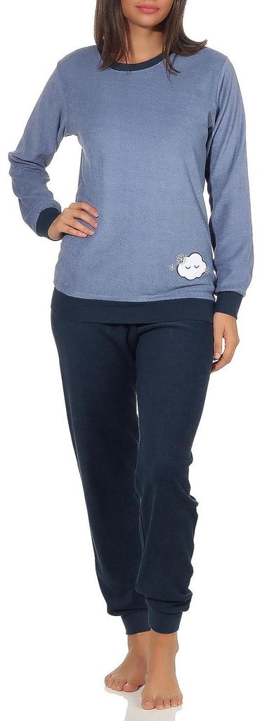 Damen Frottee Pyjama langarm Schlafanzug mit Bündchen und süsser Applikation - 201 13 565 ; hellblau , 48/50