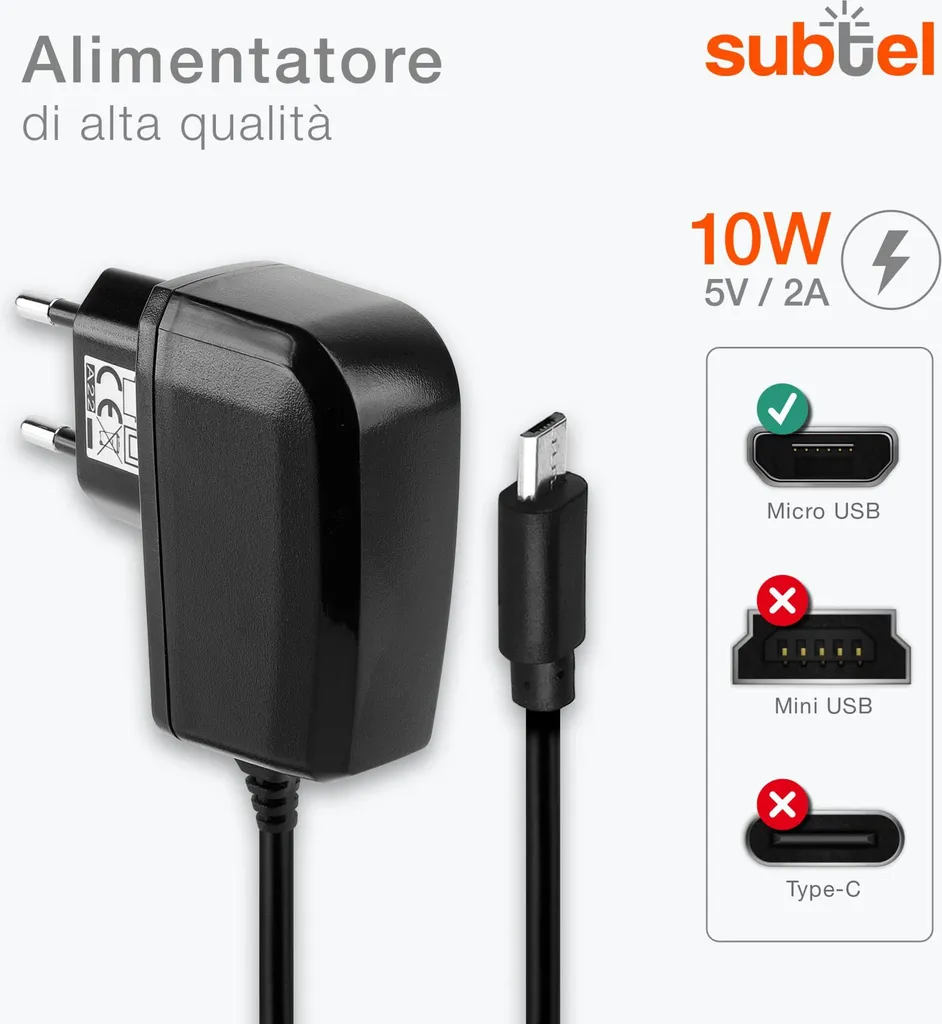 Alimentatore Ricambio Tablet 5V 2A Subtel: Caricatore 10W Micro USB - 2