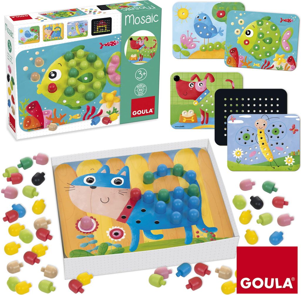 A collage of a children's mosaic toy set, featuring different animal designs and colorful pegs.