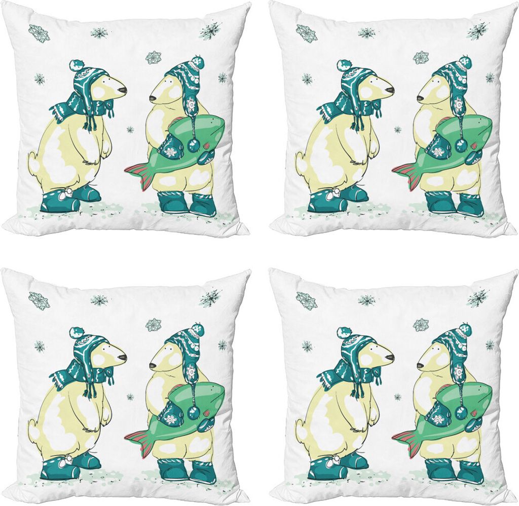 ABAKUHAUS Eisbär Kissenbezug Set (4 Stück), Freunde Fische Weihnachten, Moderner Doppelseitiger Digitaldruck, 45 cm x 45 cm, Blassgelb Grün Teal