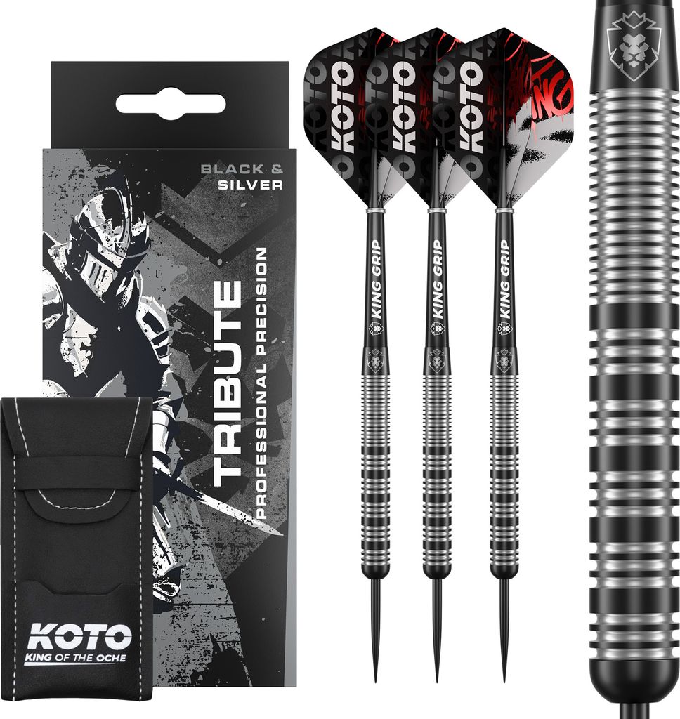 KOTO - Tribute Darts 14 G, Schwarz & Silber, Darts Set inkl. 3 Barrels, Flights + Shafts & Dartwallet, Fester Ringgrip