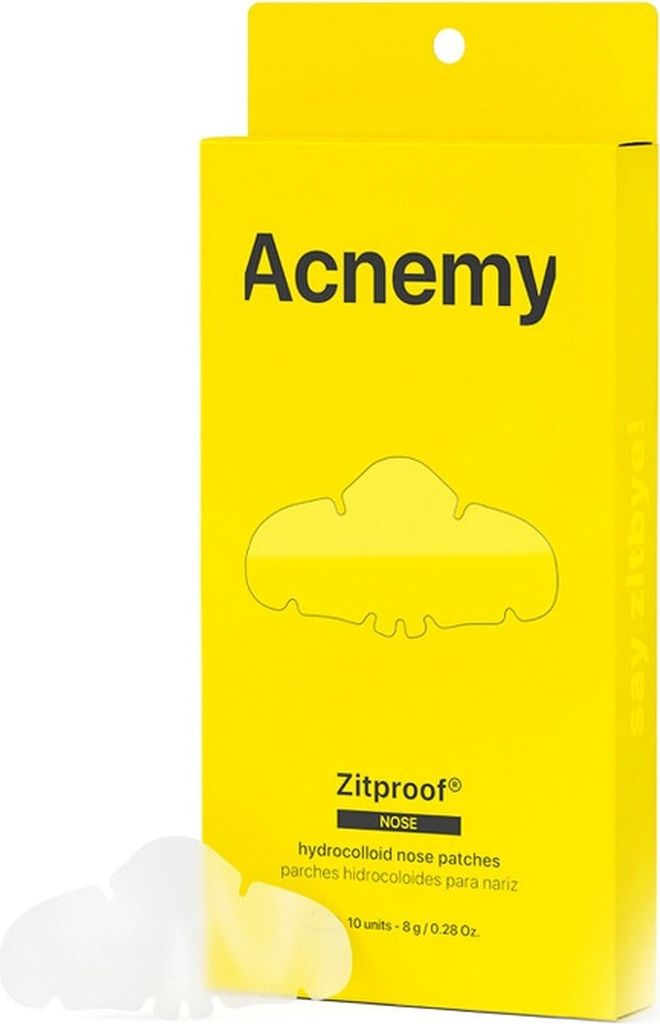 A yellow box of ACNEMY Zitproof Nose hydrocolloid nose patches is shown with two patches in the foreground.