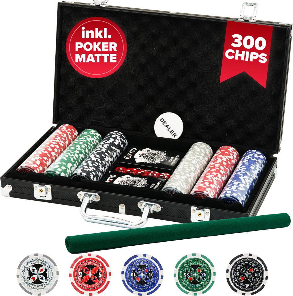 Kyto Pokerkoffer 300-tlg. Poker Set - Ideales Texas Holdem Set - Mit Koffer, Pokerchips, Pokerkarten und Pokermatte - Perfektes Pokerspiel für Profis