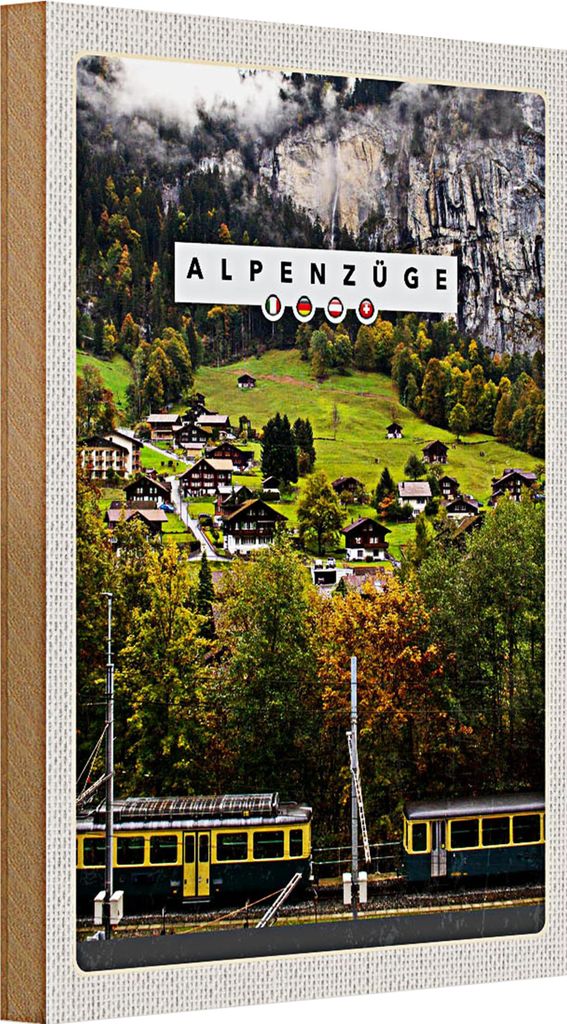 Holzschild Reise 20x30cm Alpenzüge Schweiz Bahn Tal Häuser
