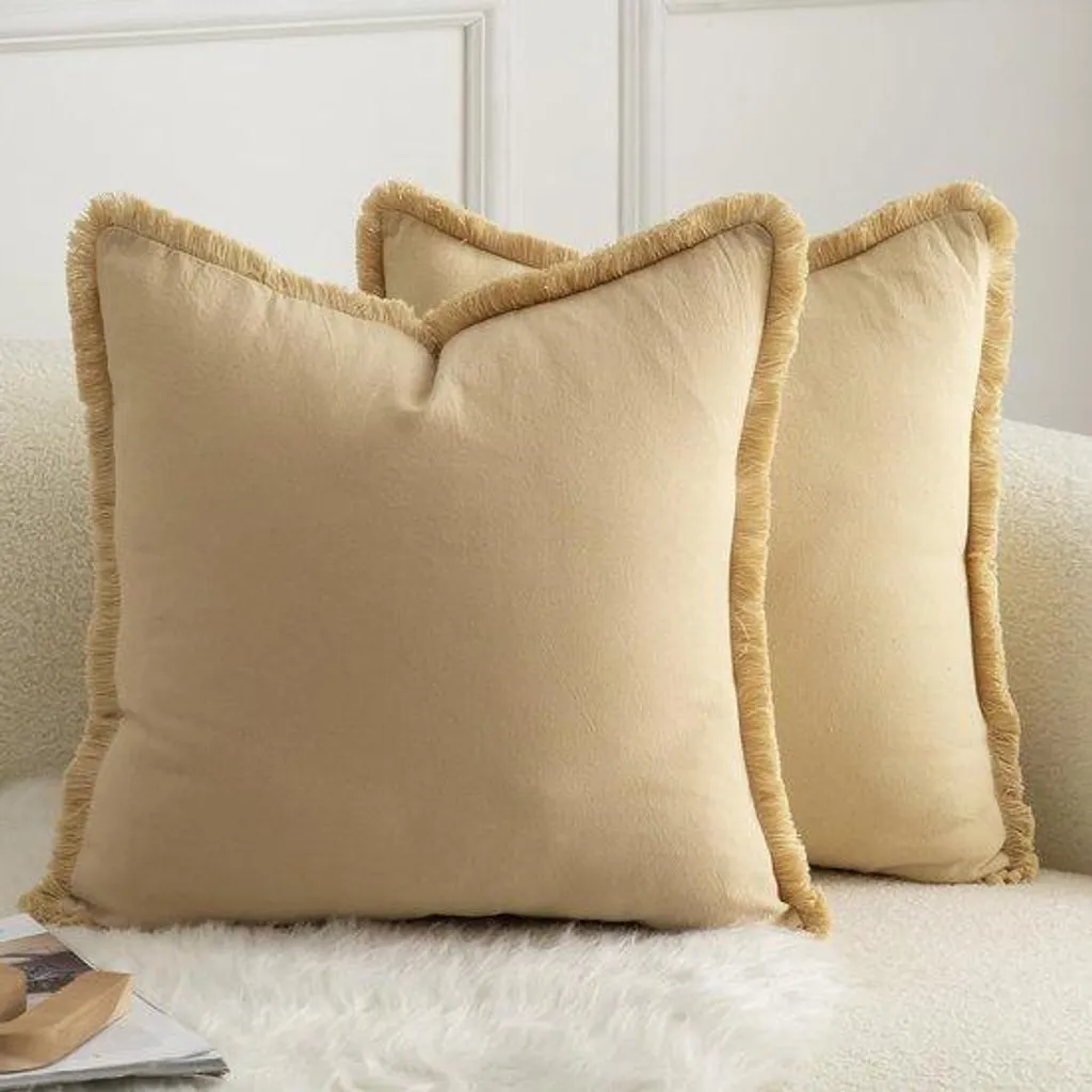 Mandioo Lot de 2 Housses de Coussin en Coton Kaki avec Pompons 45x45 cm