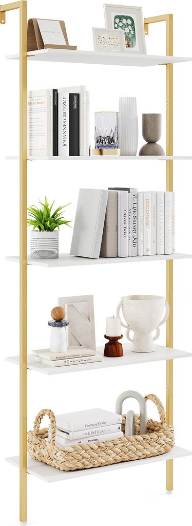 A multi-shelf ladder bookshelf displaying various decorative items and books.