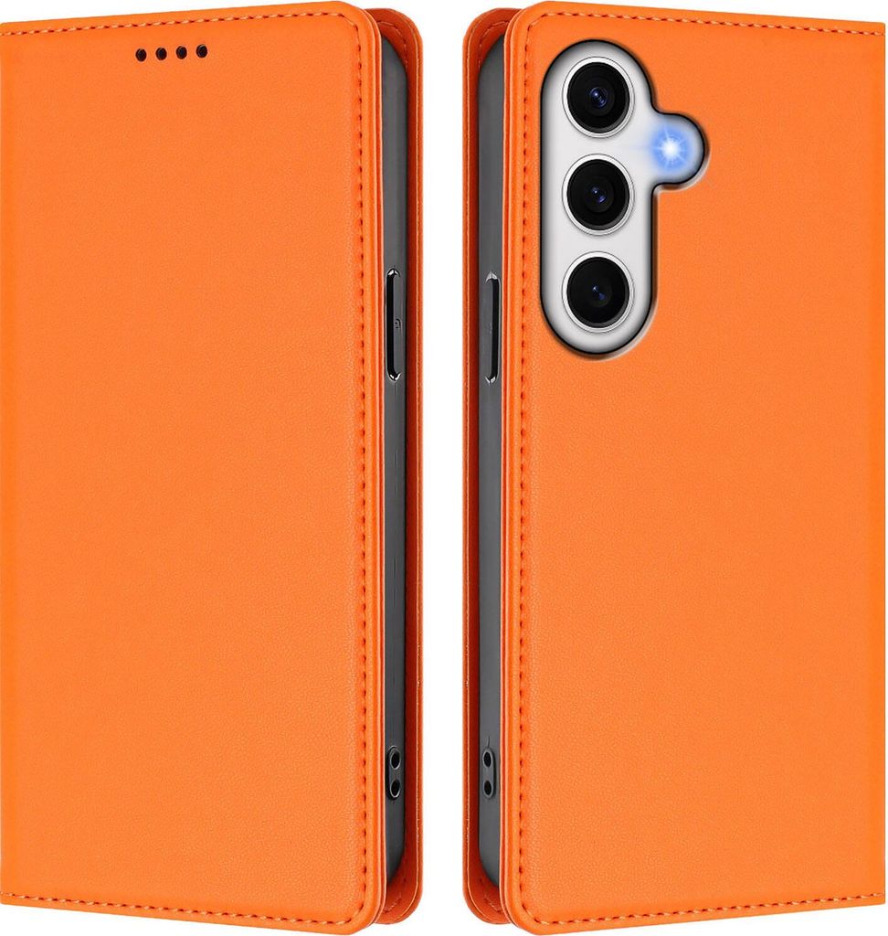 Handyhülle für Samsung Galaxy S24 FE, Kunstleder Klapphülle Stoßfeste Magnetische Hülle mit Ständer Orange