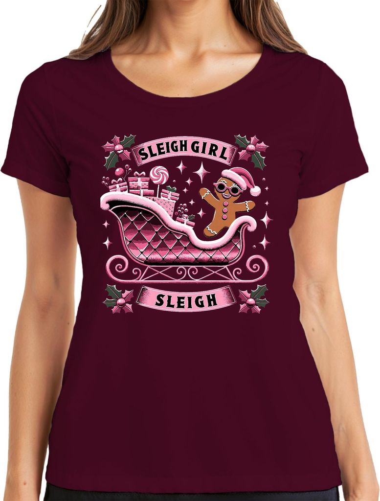 Sleigh Girl Weihnachten Lebkuchen Schlitten Geschenke Retro Damen T-Shirt, Burgundy, XXL