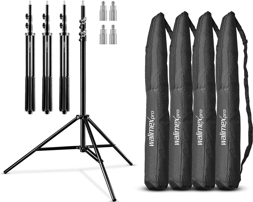 Walimex pro Lichtstativ WT-806 4er-Set bis 256 cm Höhe, Blitzstativ mit Federdämpfung inkl. 3/8" Adapter & Taschen, Lampenstativ bis 6 kg, Studio...