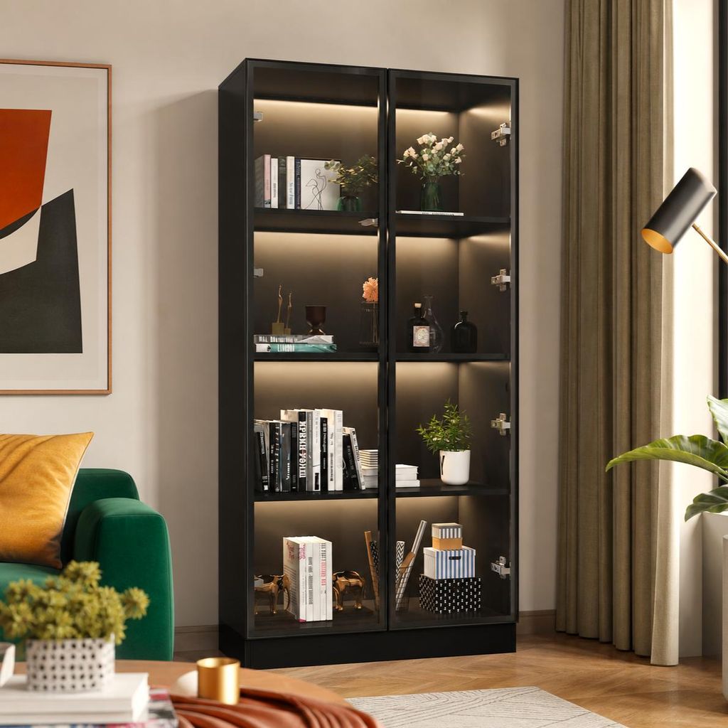 Schwarze Vitrine 80x40x160cm, 2 Glastüren & 3-farbiger Produktbild 
