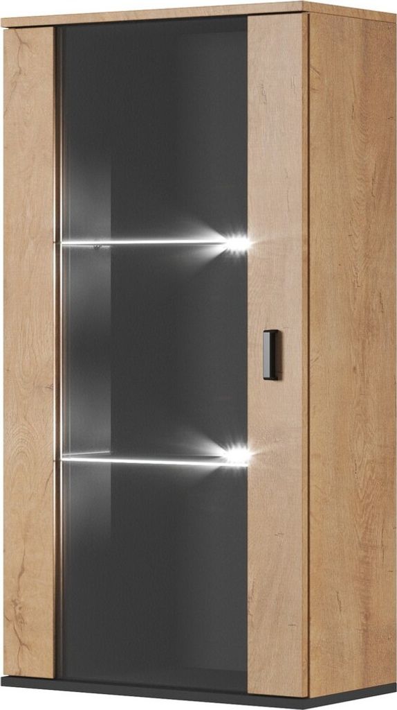 Furniture24 Hängevitrine SOHO Hängeschrank Wandvitrine mit Weißer LED Beleuchtung Lefkas Eiche/Schwarz