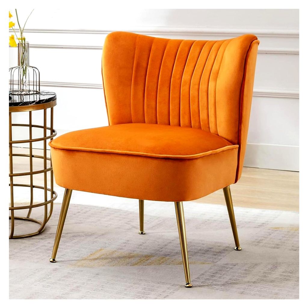 Sessel aus Samt, gepolsterter Loungesessel mit Metallbeinen, moderner Ohrensessel für Wohnzimmer, Schlafzimmer und Balkon, Orange