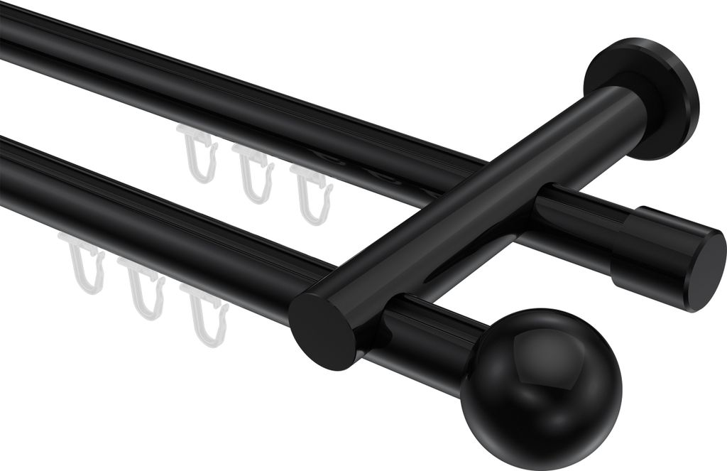 Interdeco Innenlaufstange / Gardinenstange mit Innenlauf Schwarz, Typ Platon Luino (Kugel), 20 mm Ø 2-läufig, 180 cm