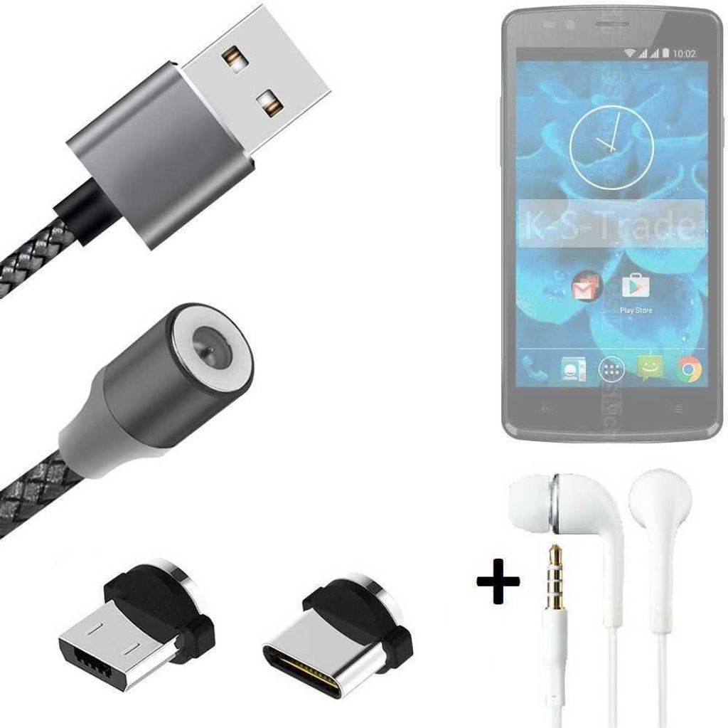 K-S-Trade Hochwertiges Magnet-Lade-kabel Sync-Kabel Daten-Kabel + Kopfhörer für Qilive Q4 5.0 mit USB-Typ-C-Anschluss und Micro-USB-Anschluss 2A