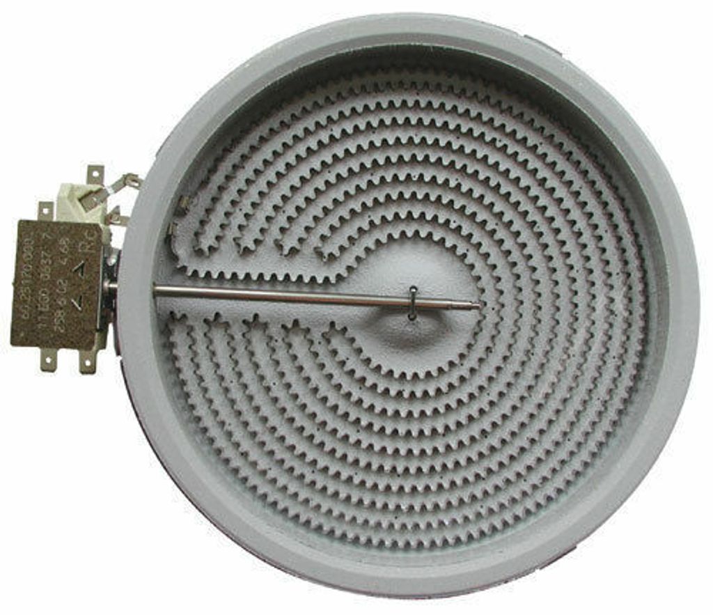 A close-up, high-angle studio shot of a round electric stove burner element with a visible heating coil and electrical connection.