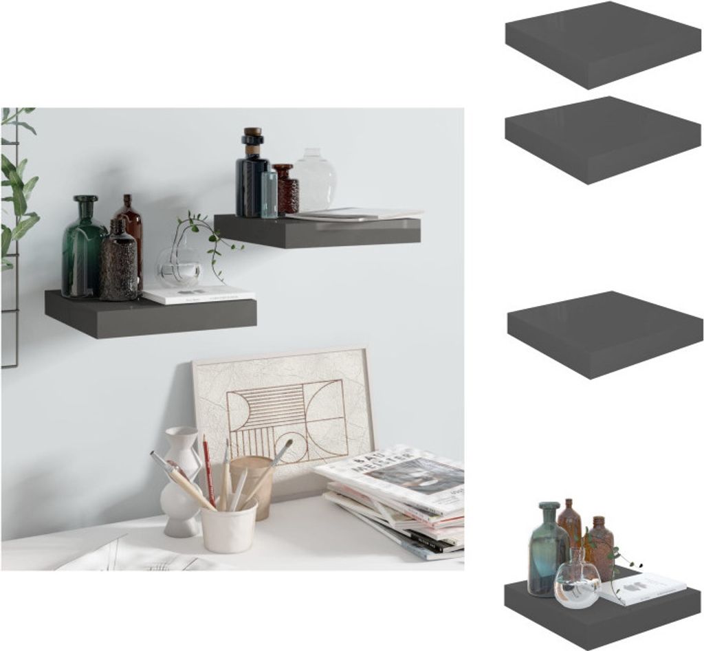 A product image showing floating shelves mounted on a wall, with decorative items placed on them. The right side of the image displays individual shelves.